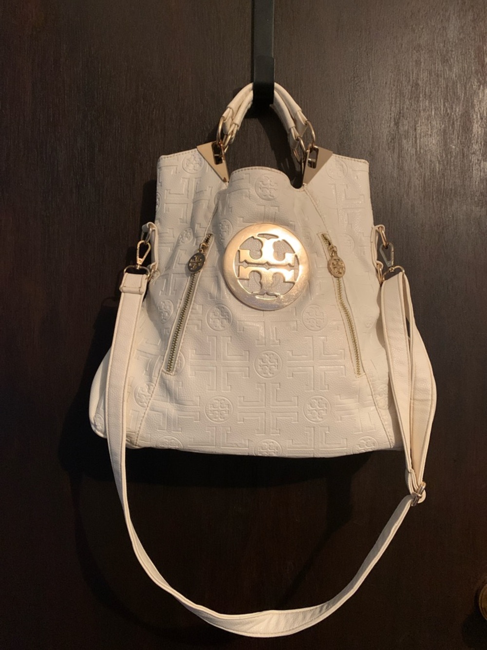 Tory Burch Cream Embossed Leather Shoulder Bag with Gold Logo Medallion